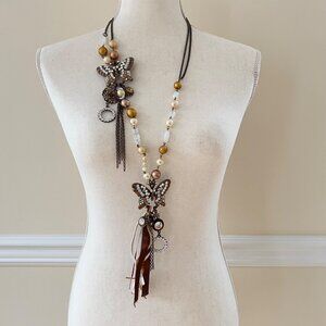 Bohemian Statement Rhinestone Butterfly Brown Necklace 44" Long Beads & Ribbons